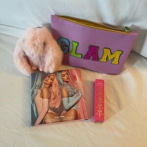 Pink Fur Keychain and Glam Makeup Bag Set